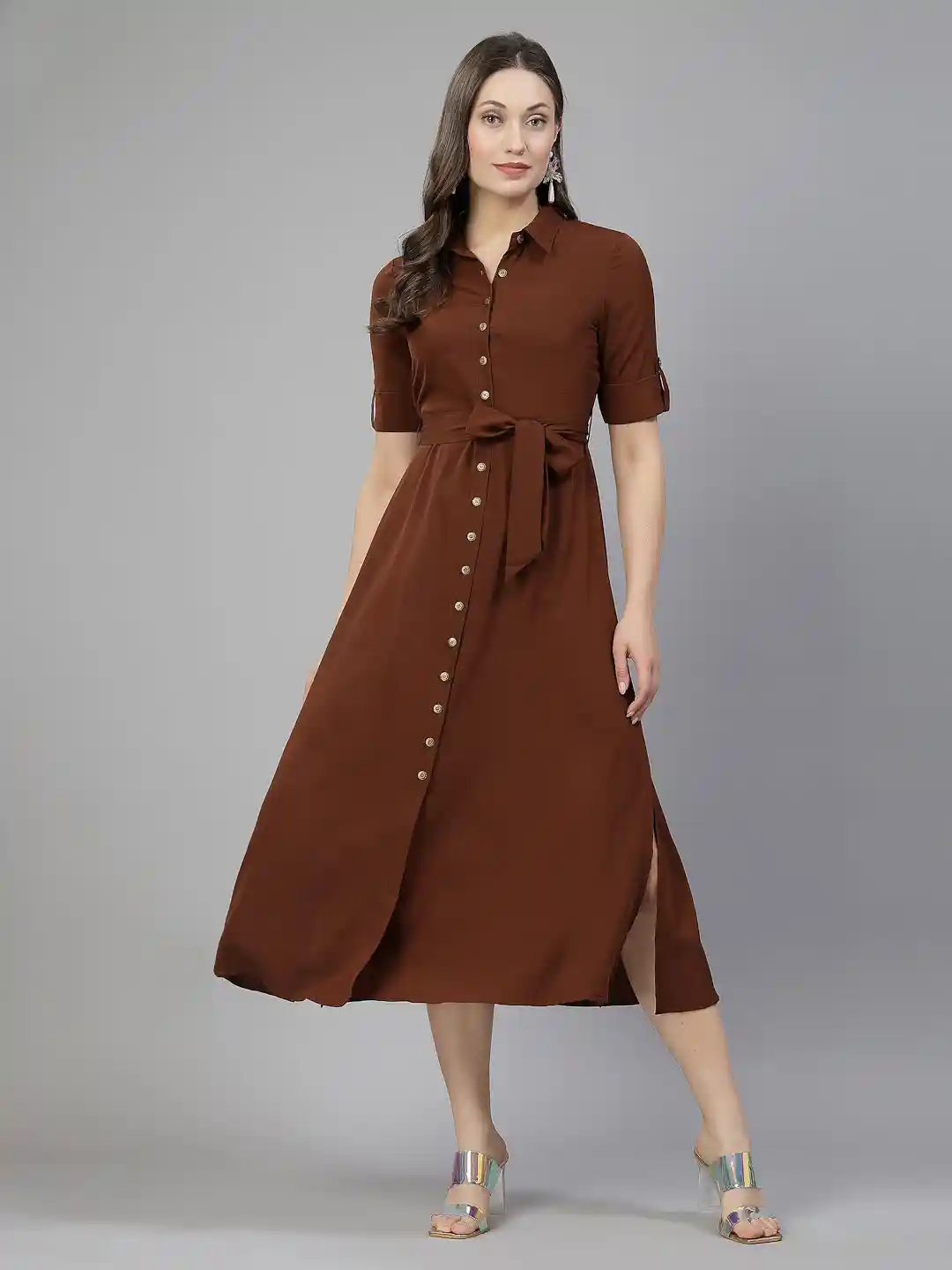 aayu Roll-Up Sleeves Tie-Up Shirt Midi Dress