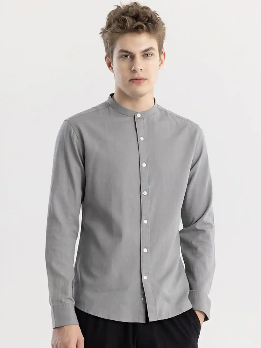 Buy Snitch Grey Straight Slim Fit Mandarin Collar Linen Cotton