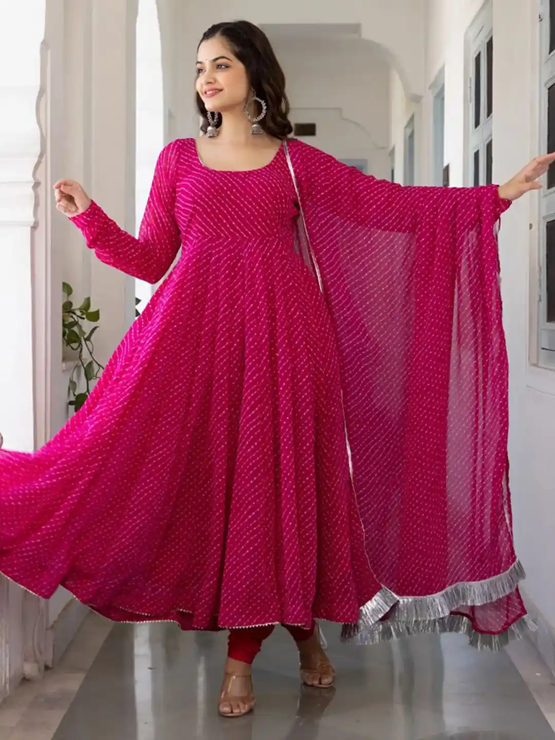 Buy KALINI Leheriya Printed Georgette Anarkali Kurta With Churidar