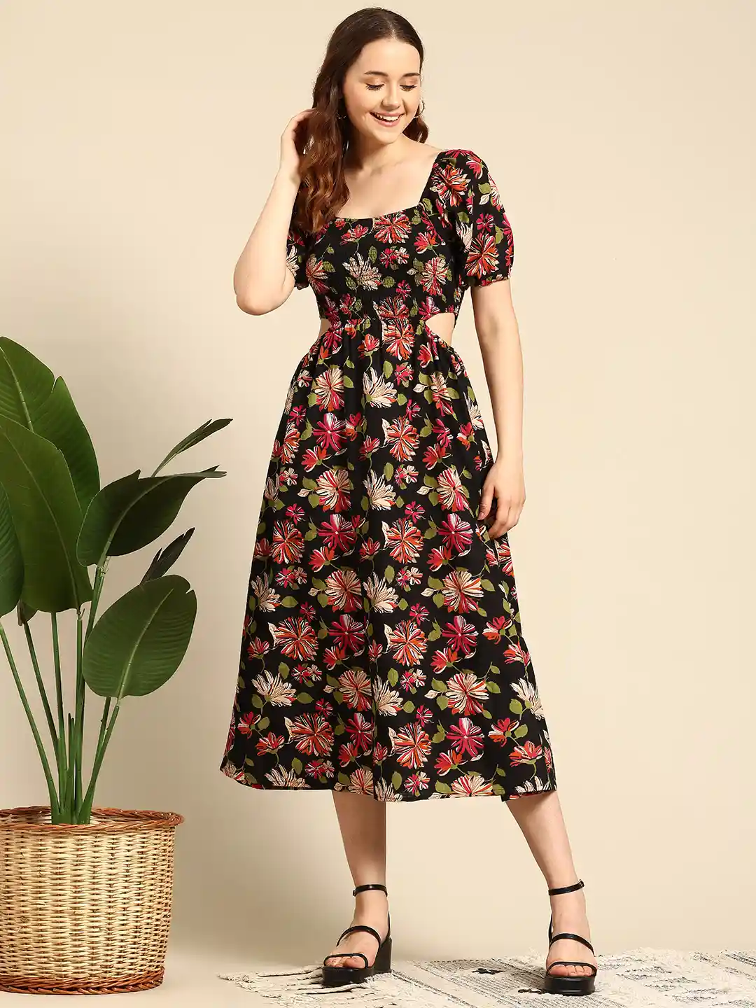 Buy Mast Harbour Floral Print Midi Dress with Puff Sleeves