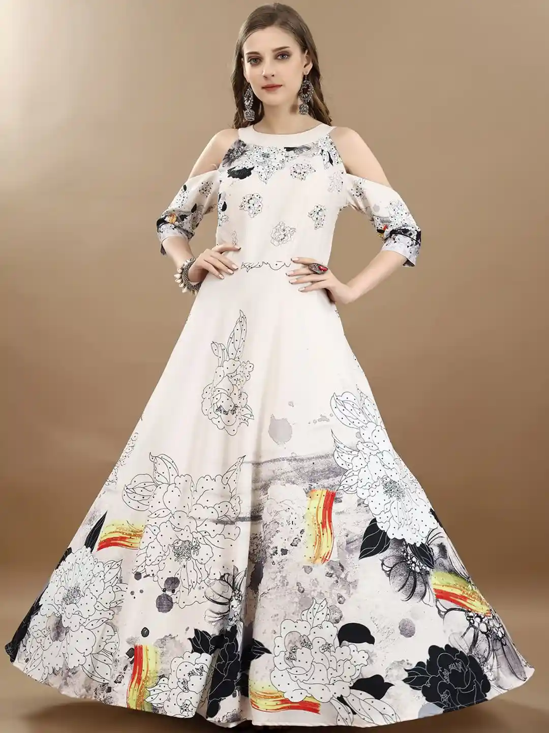 Buy SAPTRANGI Floral Printed Round Neck Cold-Shoulder Sleeves Gown