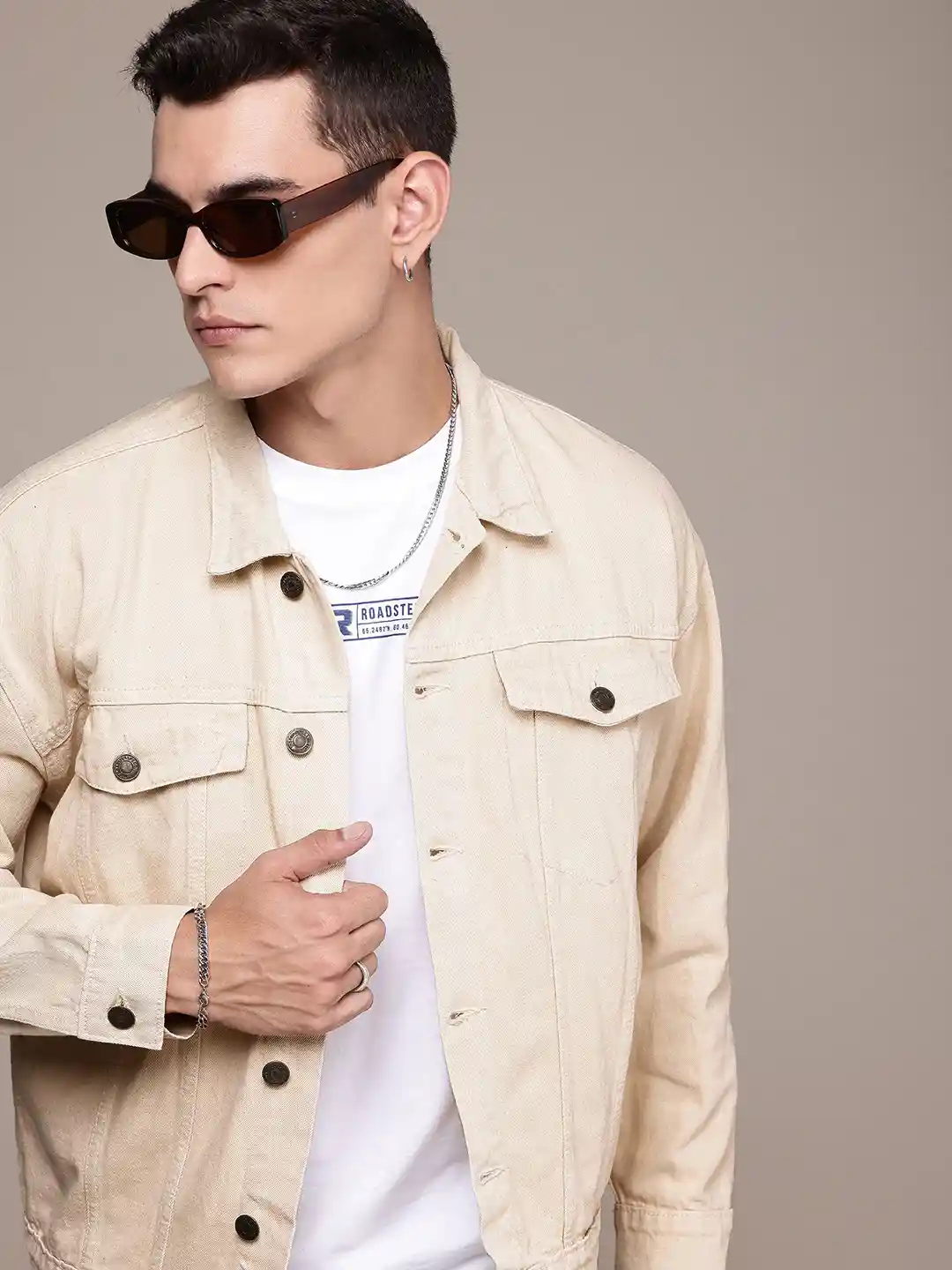 Shirt Beige Denim Jacket Men Men Button-Down Slim Fit Jacket