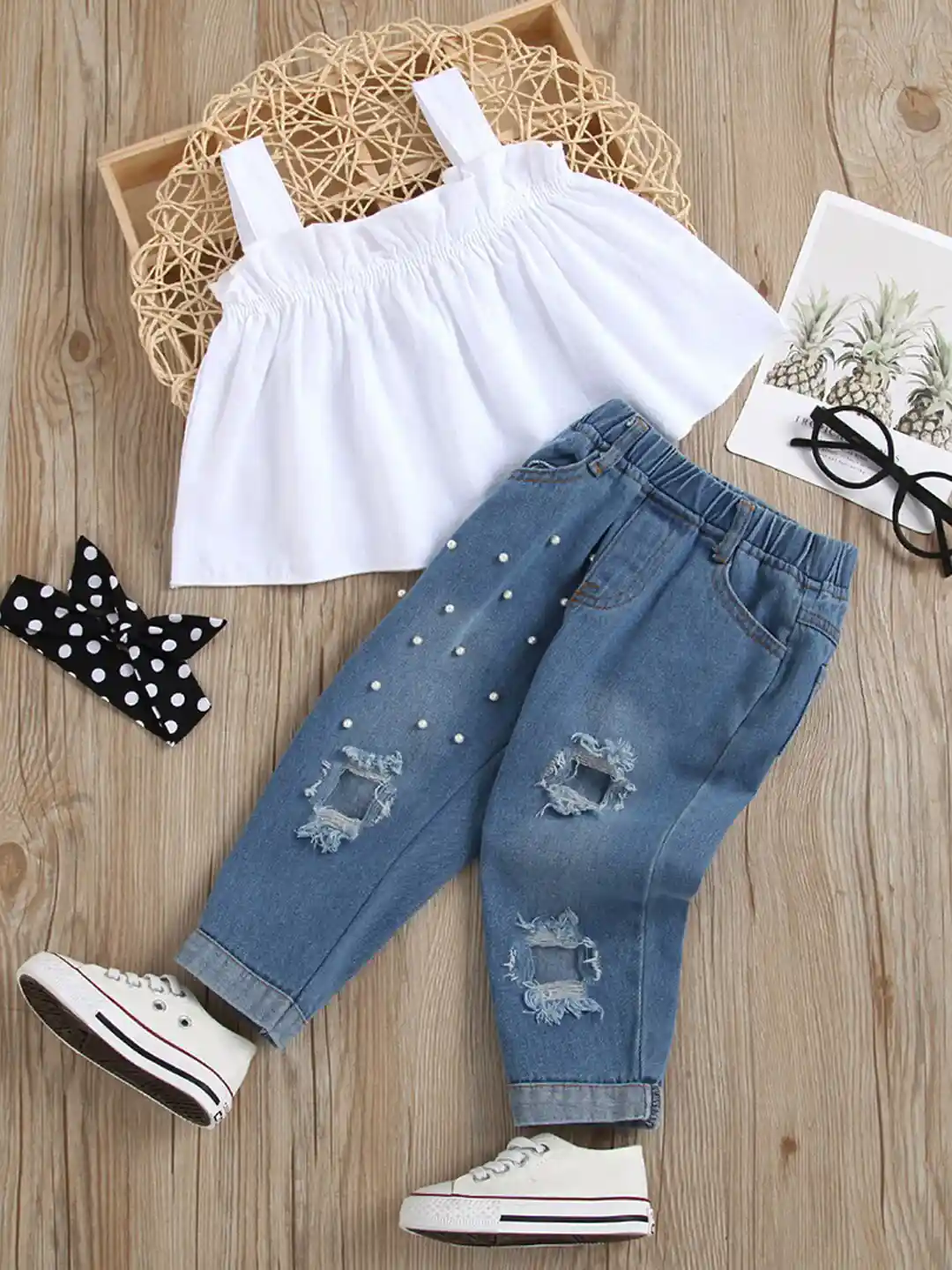 INCLUD Girls Self Design Shoulder Straps Top With Denim Pants