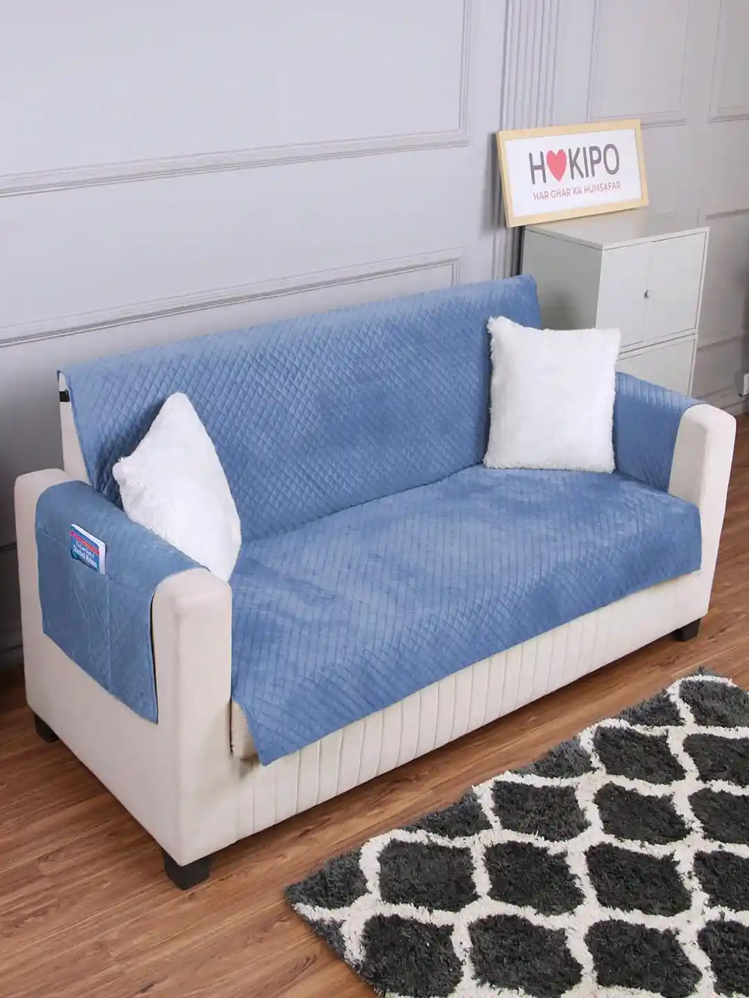 Buy HOKIPO Blue Seater Quilted Velvet Sofa Cover With Arms