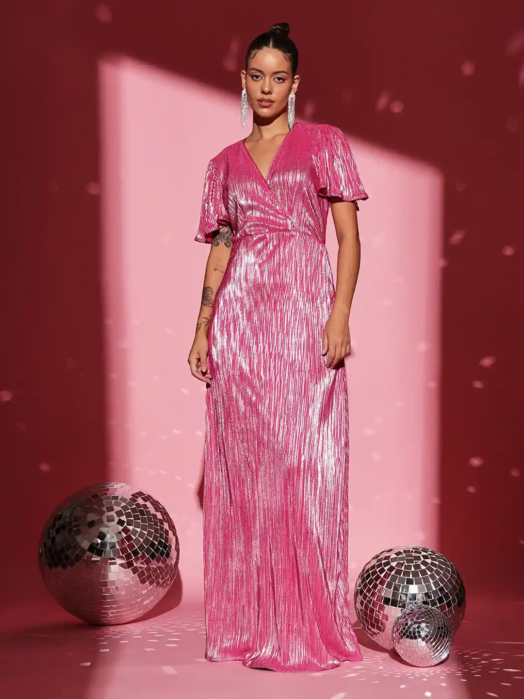 Buy Molly Michel Flared Sleeves Embellished Satin Maxi Dress