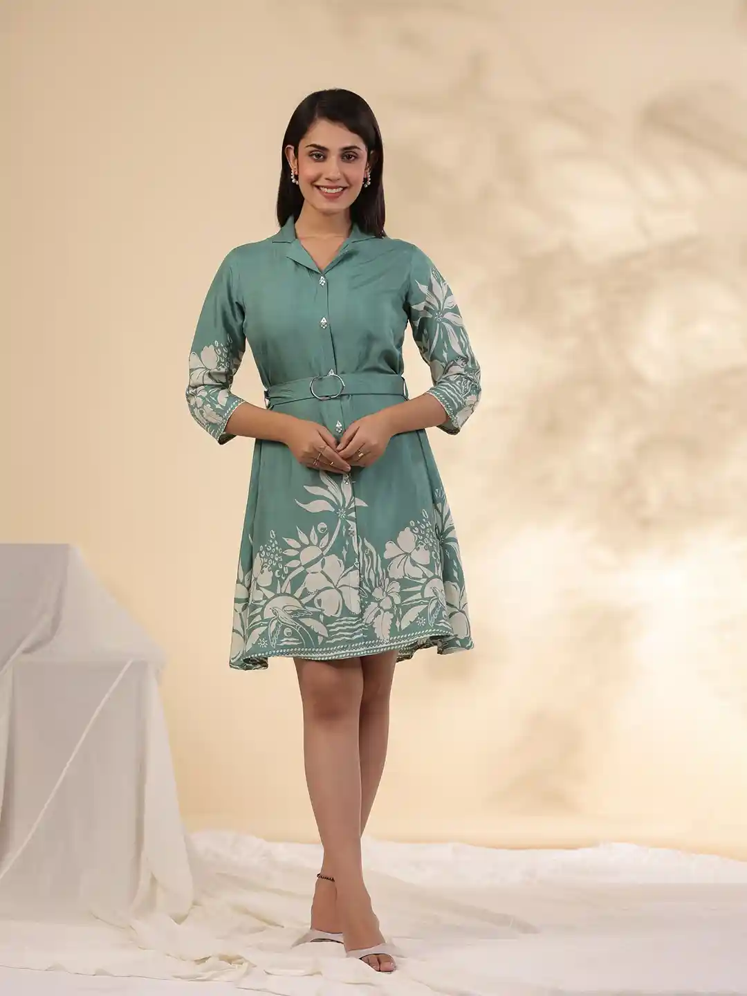 Buy JISORA Above knee Tropical Shirt Dress with Belt Dresses for