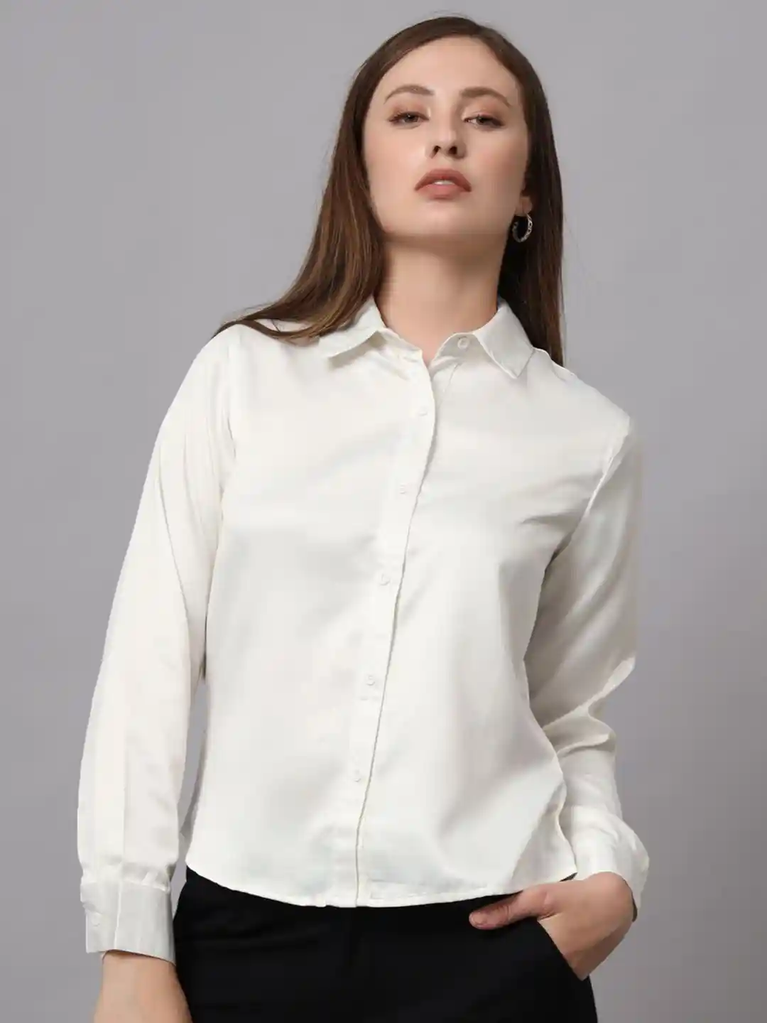 CHARMGAL Women Classic Slim Fit Opaque Satin Formal Off White Shirt