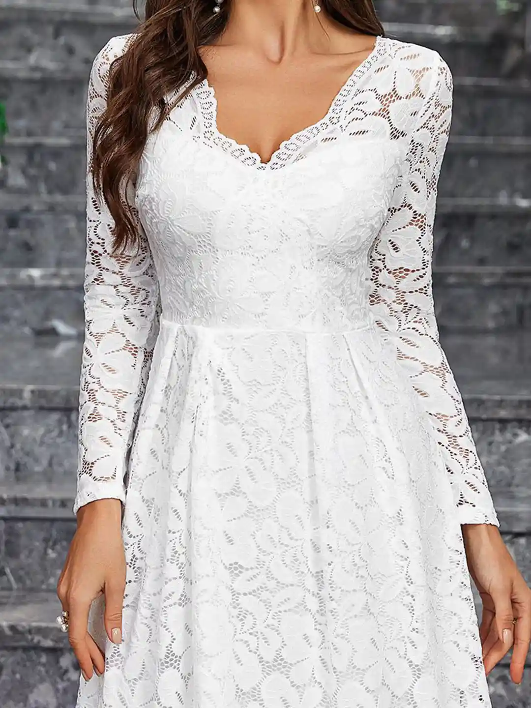 Long Sleeve White Lace Dress Bebe White Lace V-Neck Full - Main Image