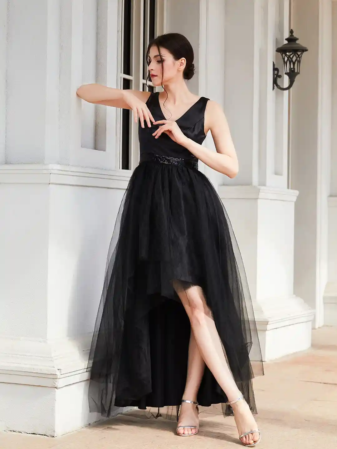 Buy bebe Back Satin Sequin Waist Layered Tulle Skirt High-Low