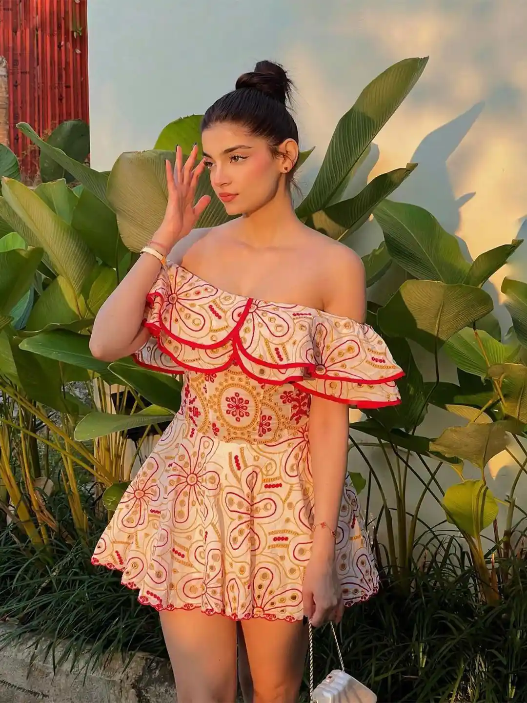 Miss Mosa By Akanksha Floral Embroidered Off-Shoulder Fit Flare Mini Dress