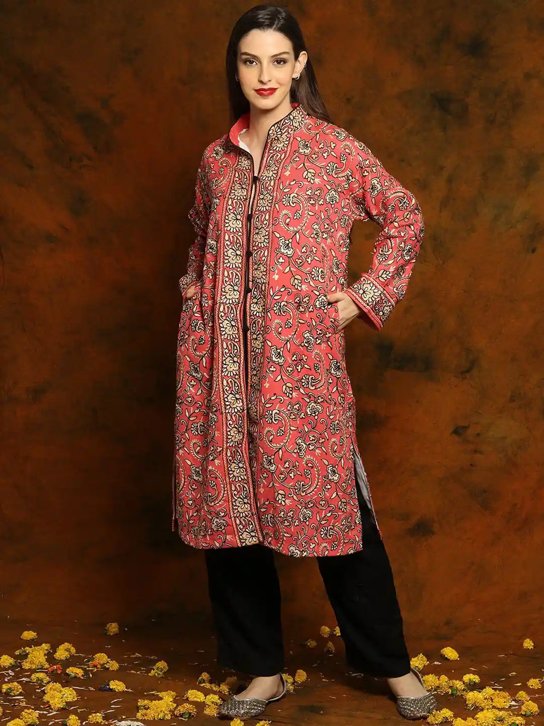 Buy Exotic India Light Red Kashmiri Woolen Long Jacket with Floral