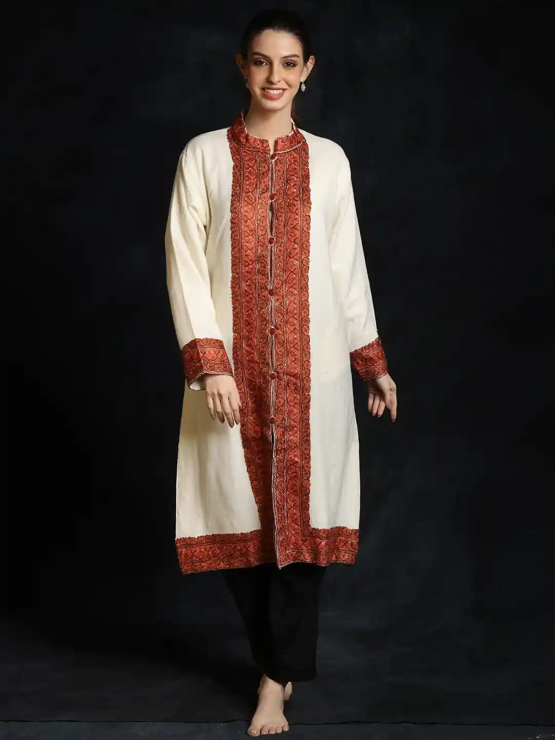 Buy Exotic India Women Woollen Embroidered Long Kashmiri Tailored