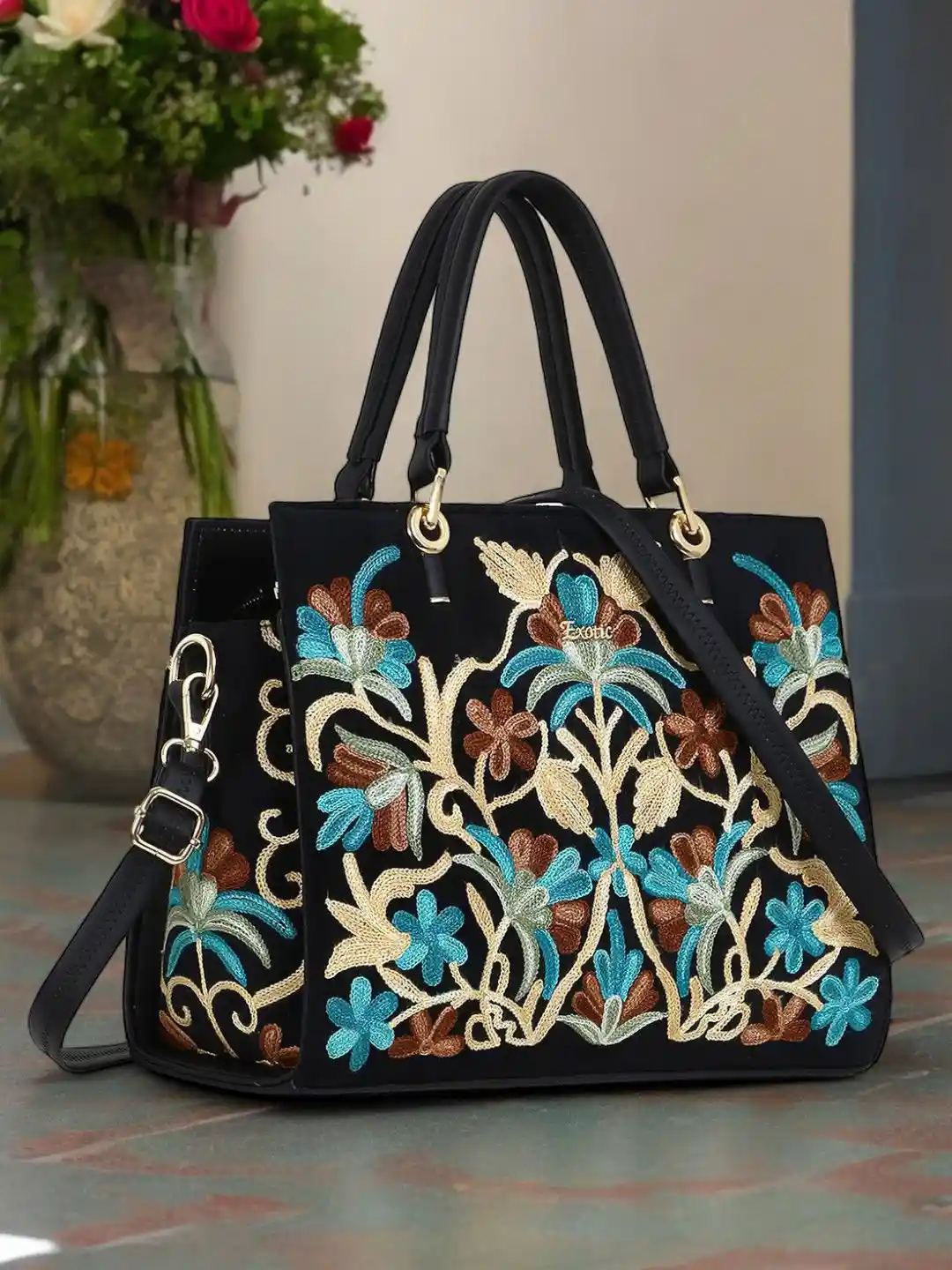 Buy Exotic Floral Embellished PU Structured Tote Bag with Cut Work