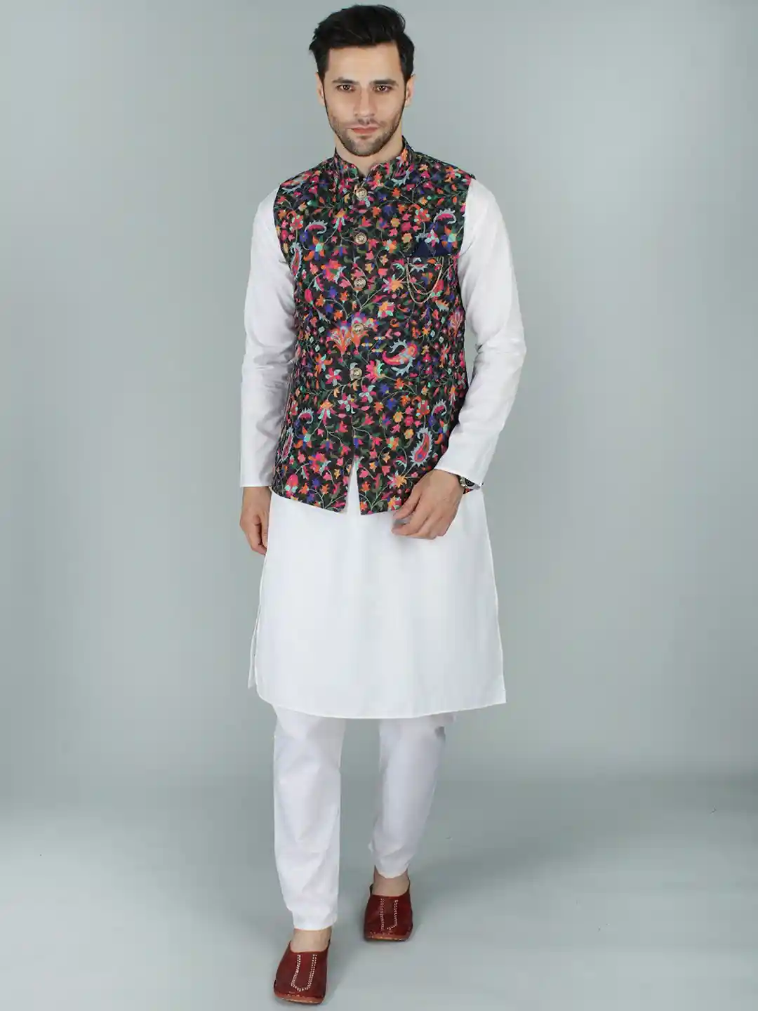 Buy Exotic India Black Chikan Ethnic Nehru Jacket Waist Coat with