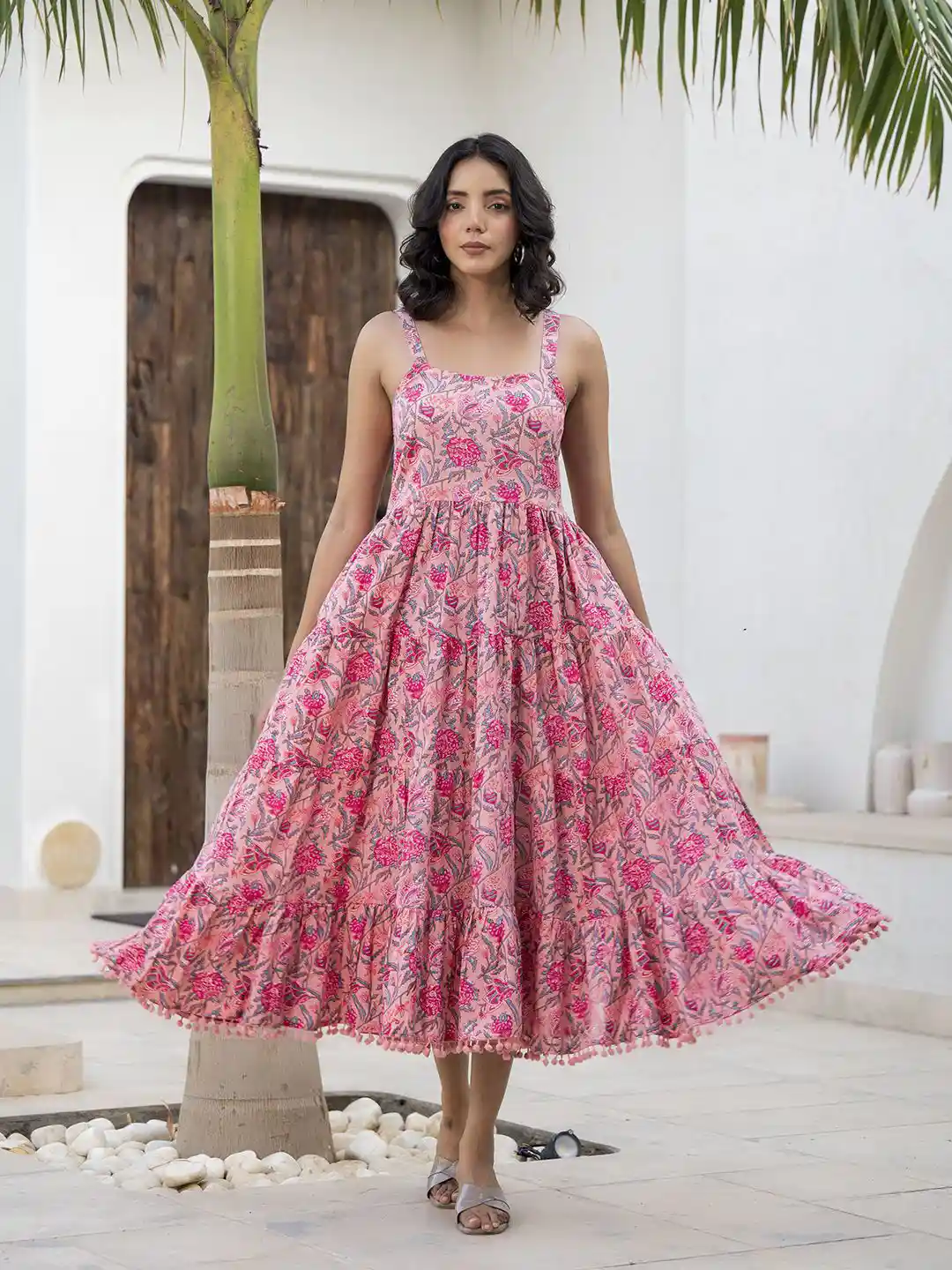 Divena Floral Print with Pom-Pom Detail Empire Maxi Dress