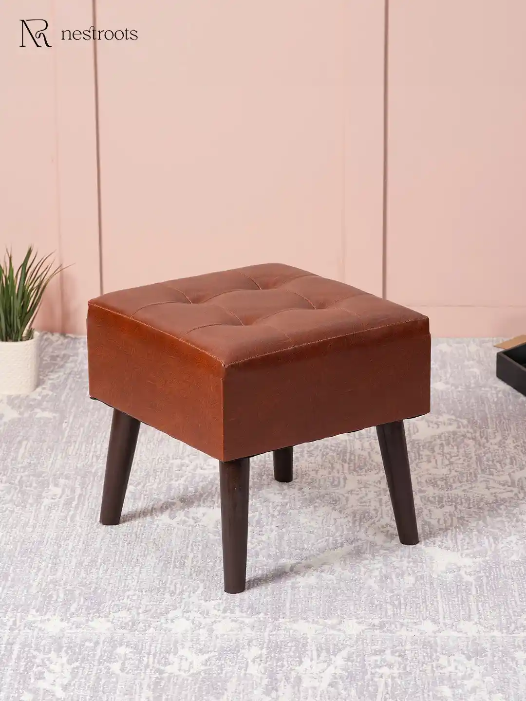 Buy nestroots Brown Faux Leather Square tufted sitting stool