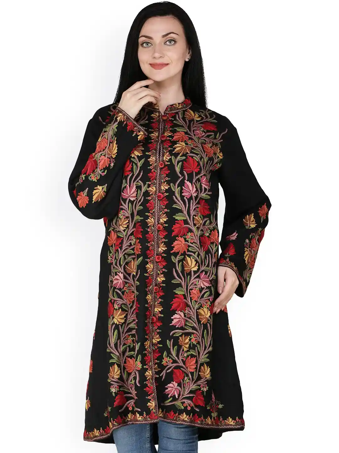 Exotic India Phantom Black Pure Wool Kashmiri Jacket with Hand-Embroidered  Tree of Life
