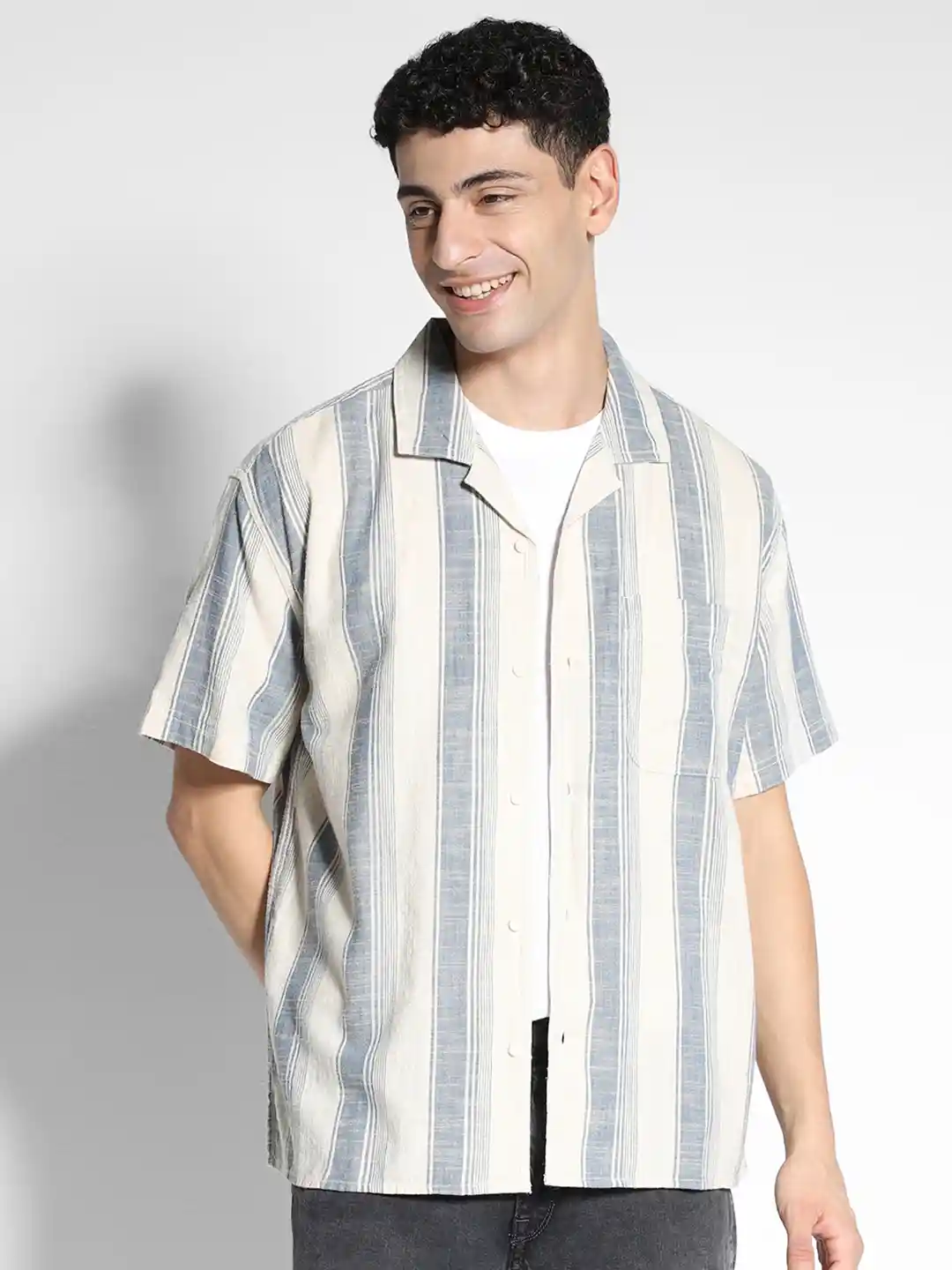 Buy AMERICAN EAGLE OUTFITTERS Striped Lapel Collar Short Sleeves