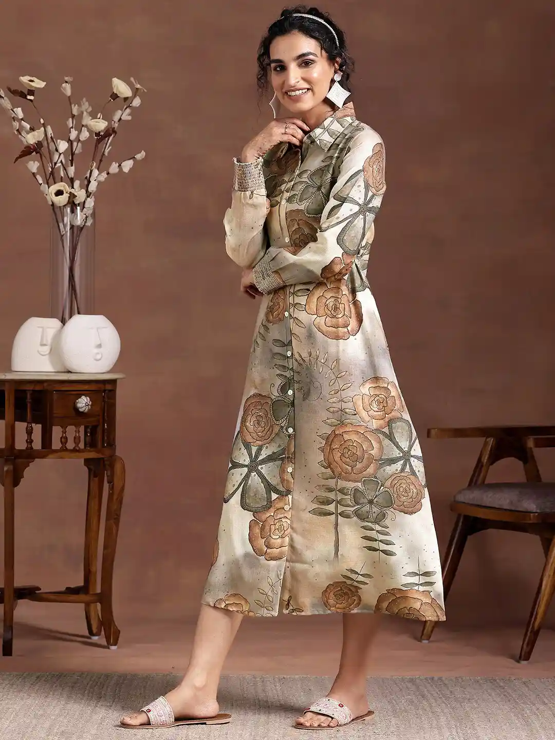 Buy Libas Shirt Collar Full Sleeves Floral Midi Shirt Dress