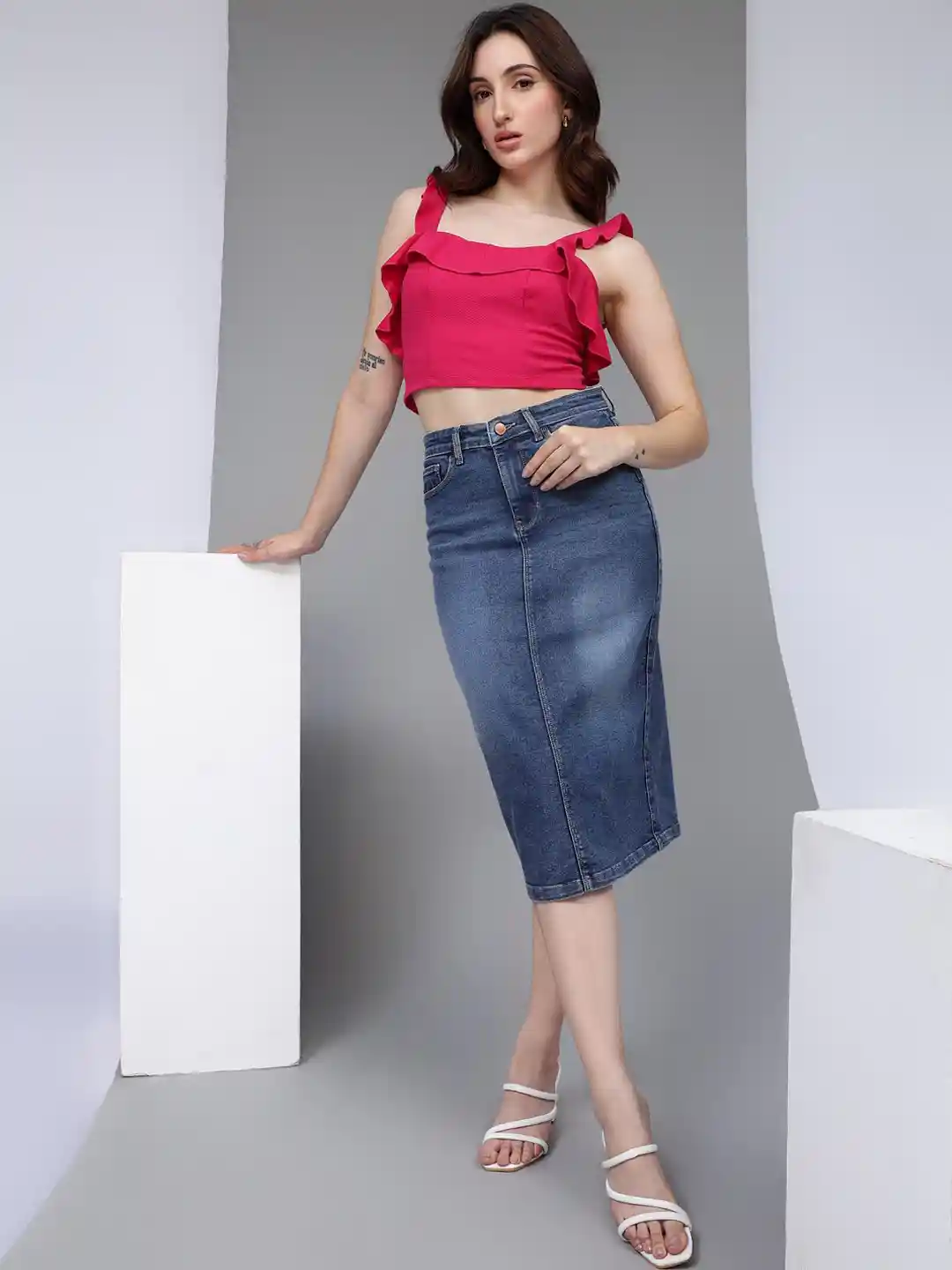 Buy Xpose High-Rise Denim Pencil Midi Skirt Skirts for Women