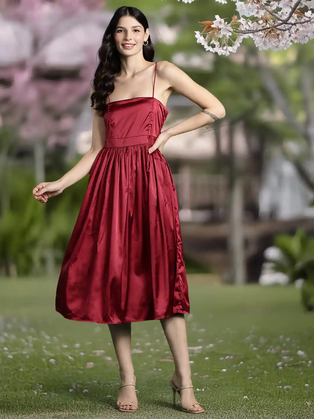 Buy DressBerry Glam Satin-Finish Shoulder Straps Fit Flare Midi