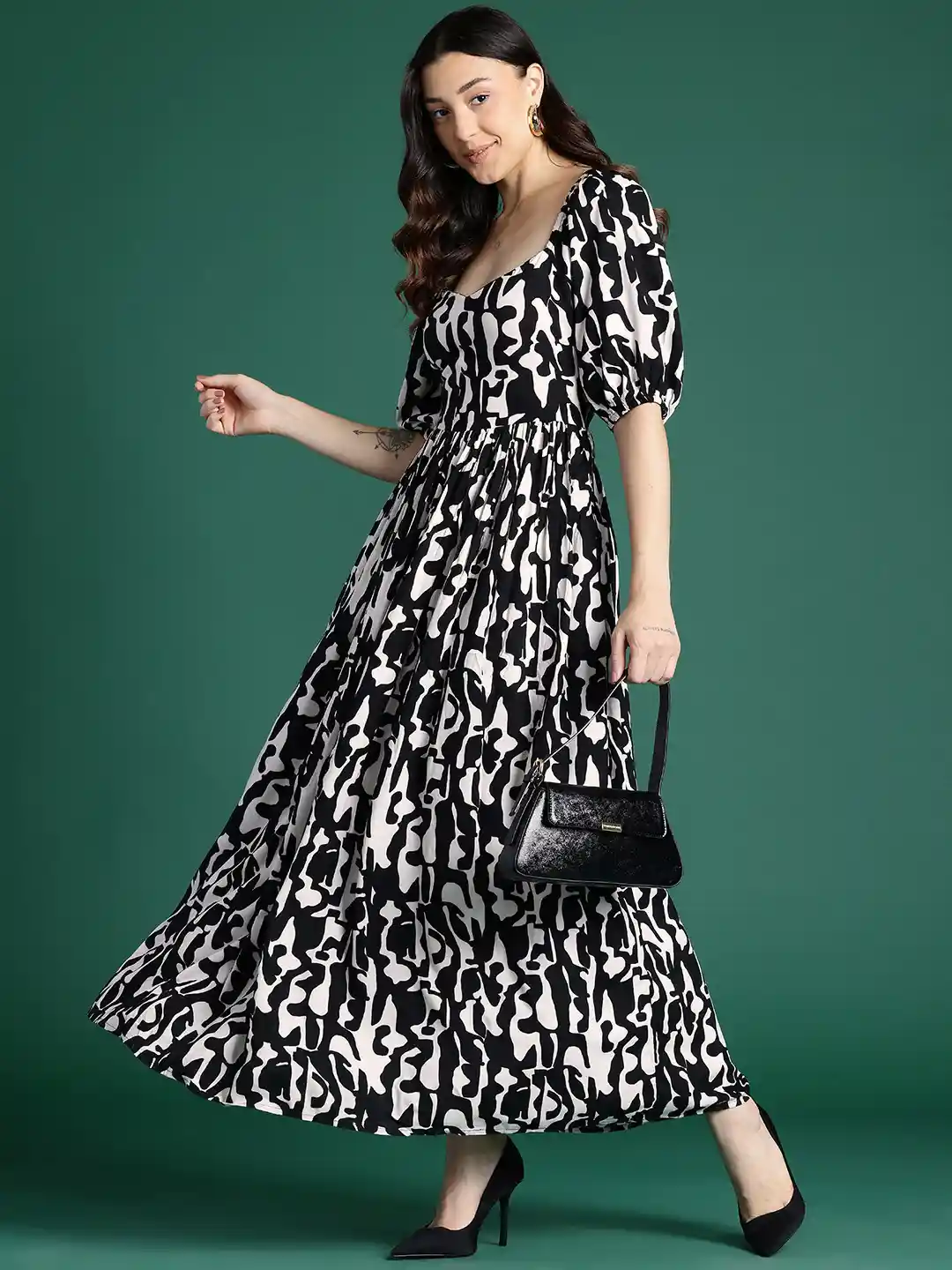 Buy DressBerry Printed Fit Flare Monochrome Maxi Dress Dresses