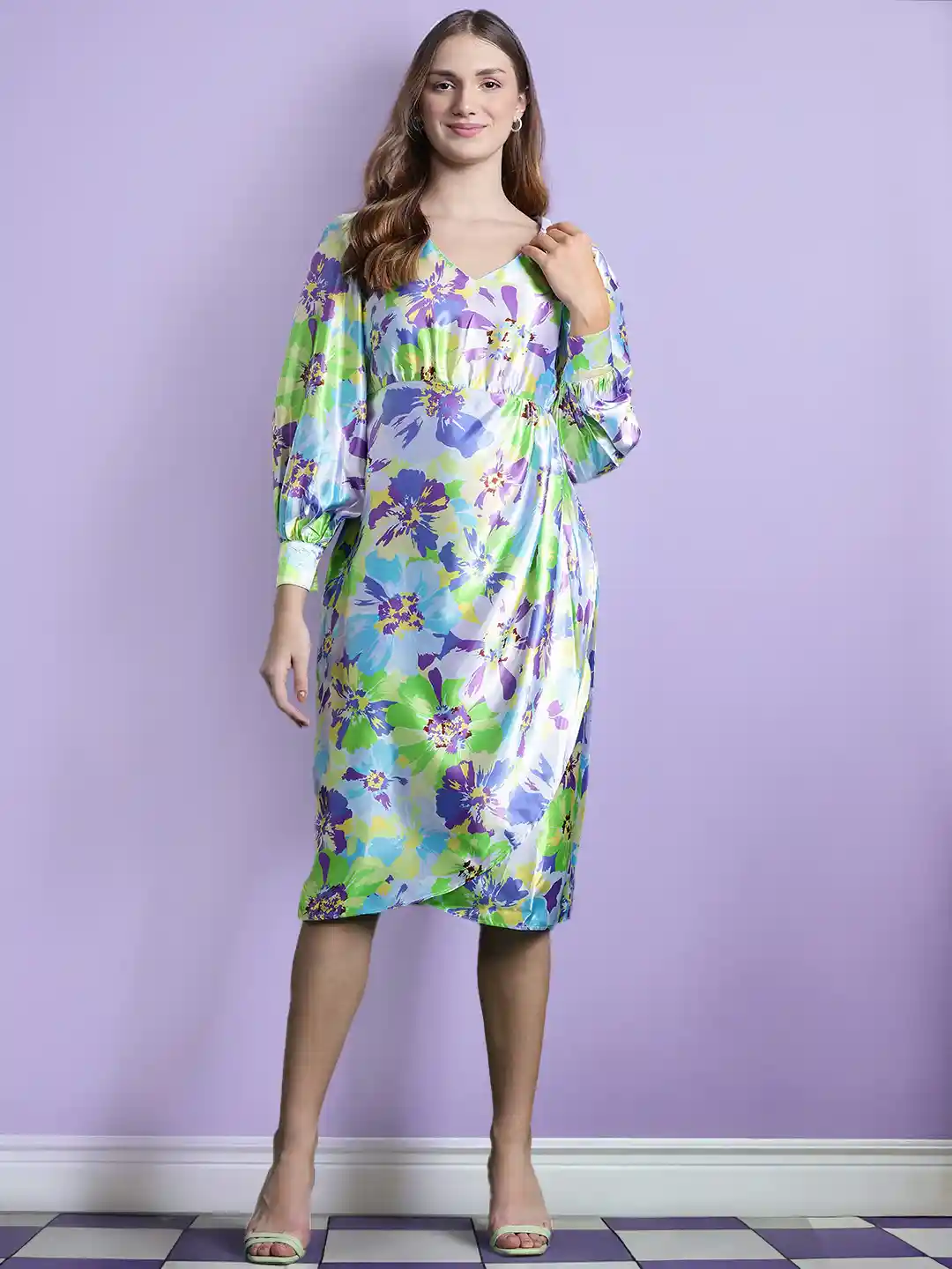 DressBerry Printed Satin-Finish A-Line Dress