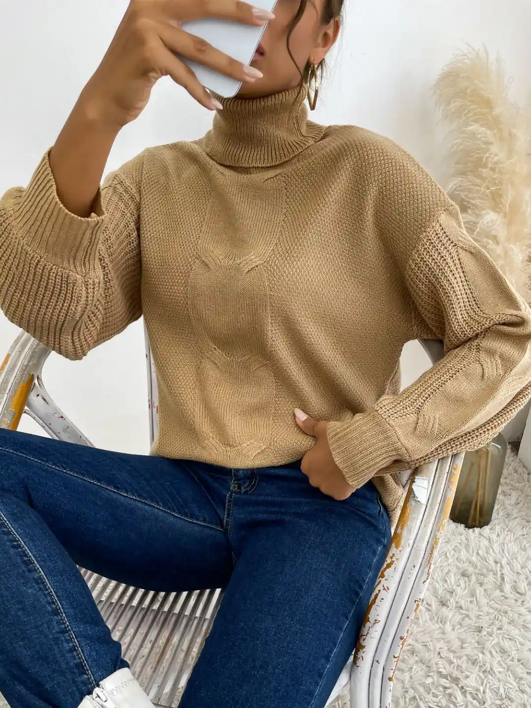 Buy KPOP Women Turtle Neck Solid Cable Knit Longline Pullover