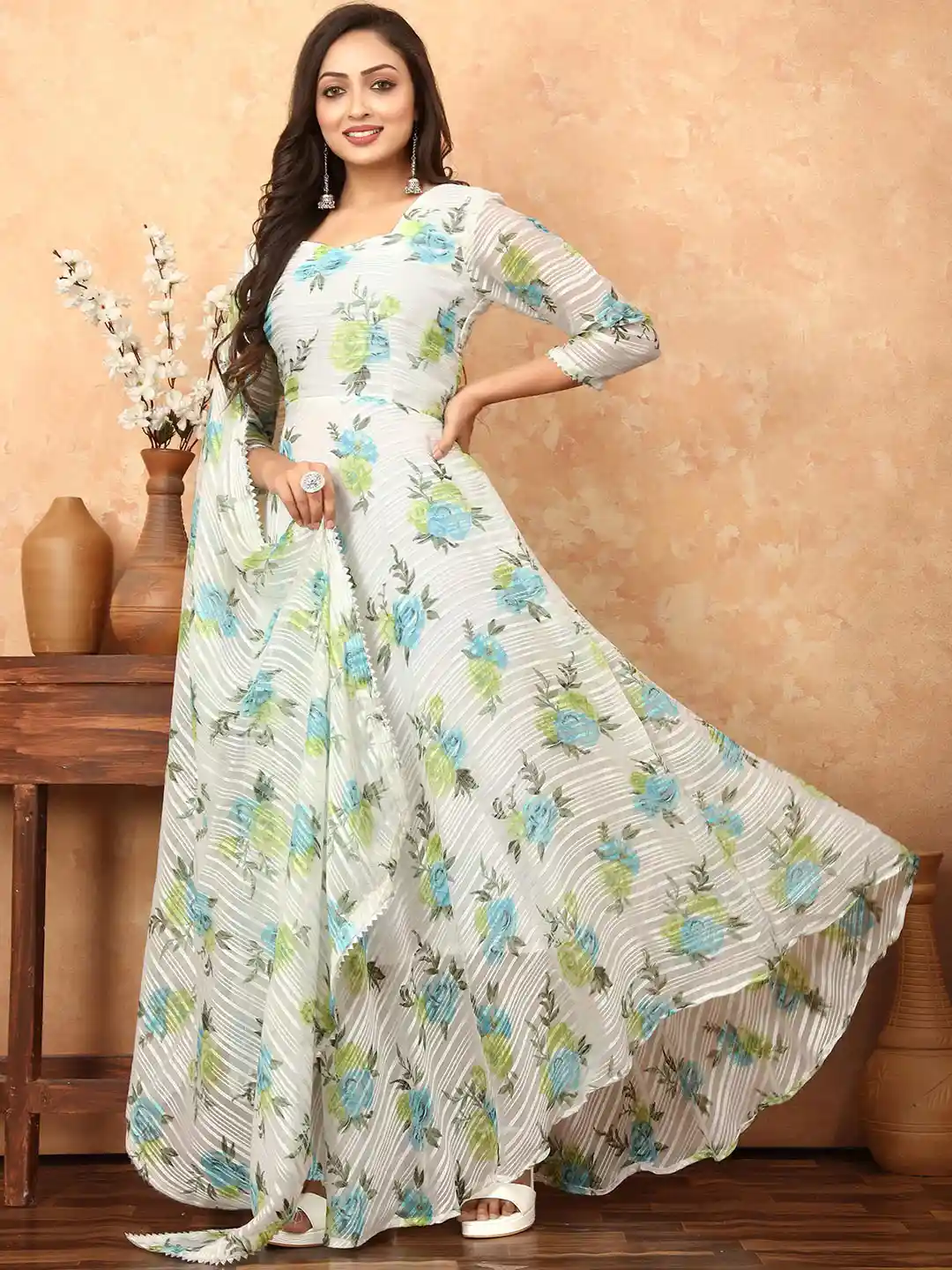 long floral dress with dupatta