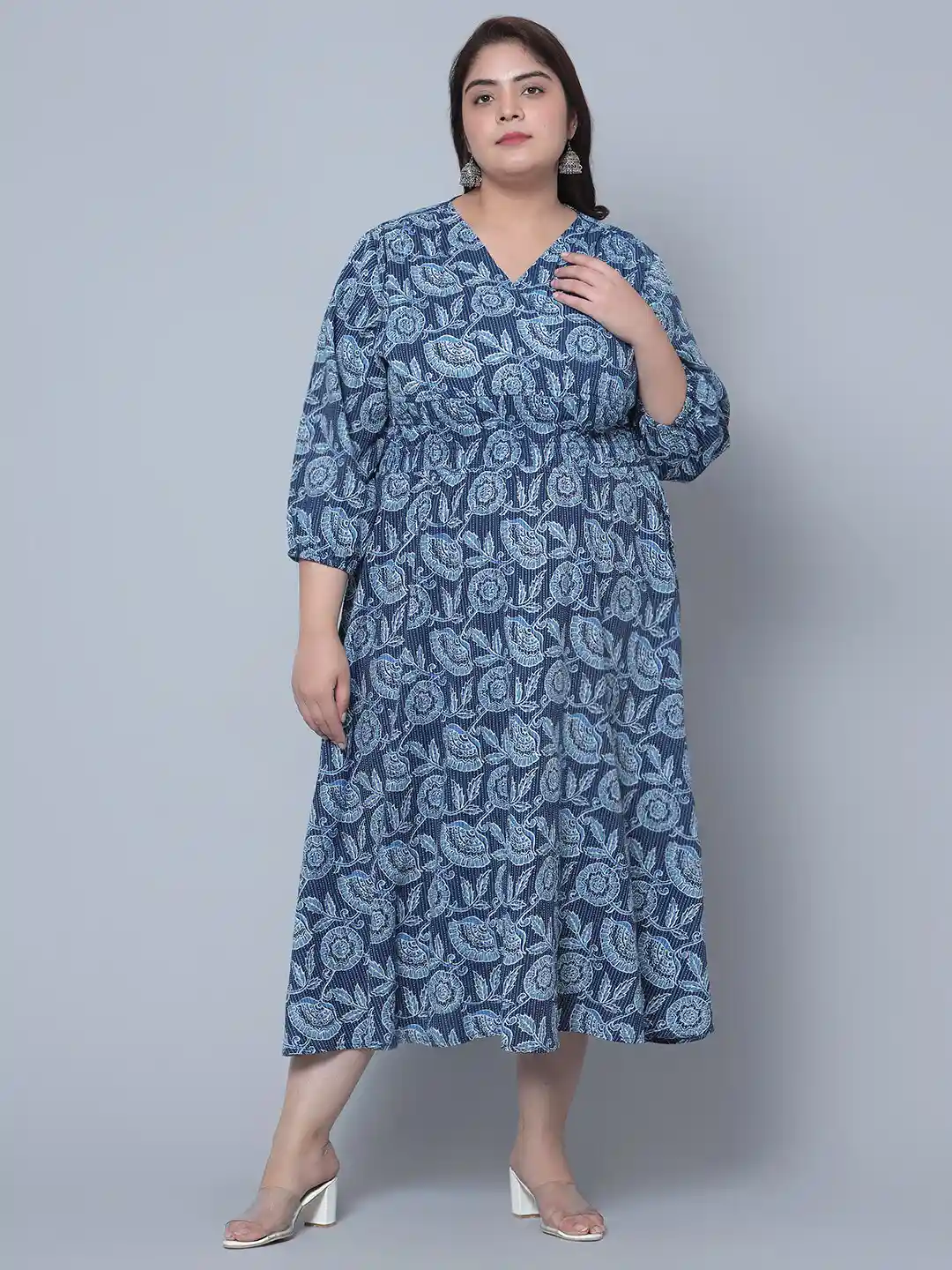 Bani Women's Printed Midi Dress - Festive & Party Dress With Mandarin Collar & Dupatta - View #3