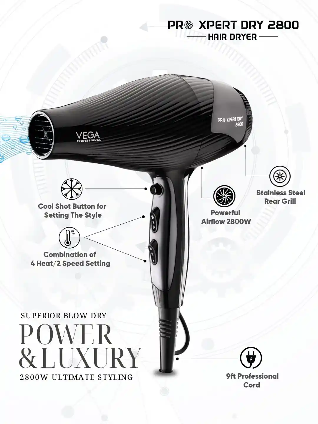 VEGA PROFESSIONAL Pro Xpert Dry 2800 Hair Dryer with Heat Speed  Setting VPPHD-10