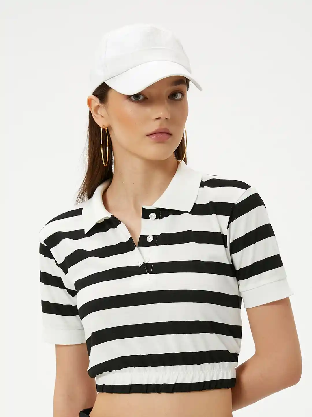 Buy Koton Women Striped Polo Collar Monochrome Crop T-shirt