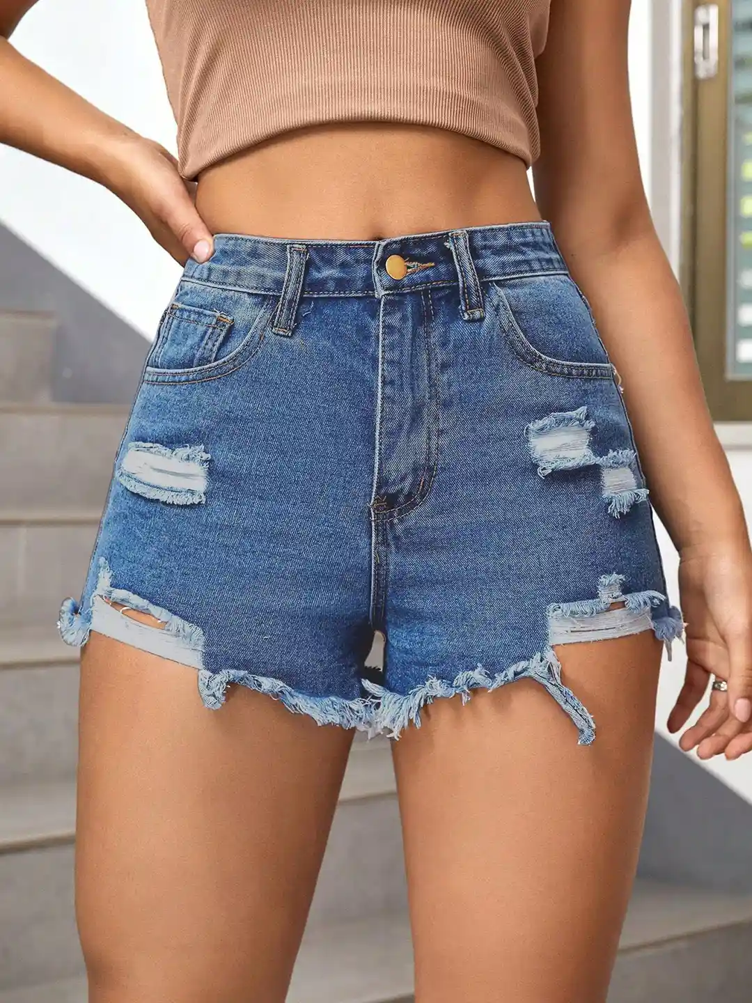 AAHWAN Women Slim Fit High-Rise Ripped Denim Shorts