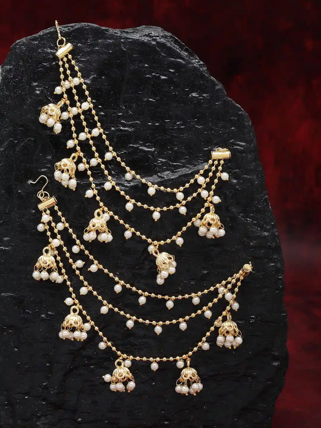 Buy Sanjog Gold-Plated Pearls Studded Classic Layered Ear Chain - Main Image