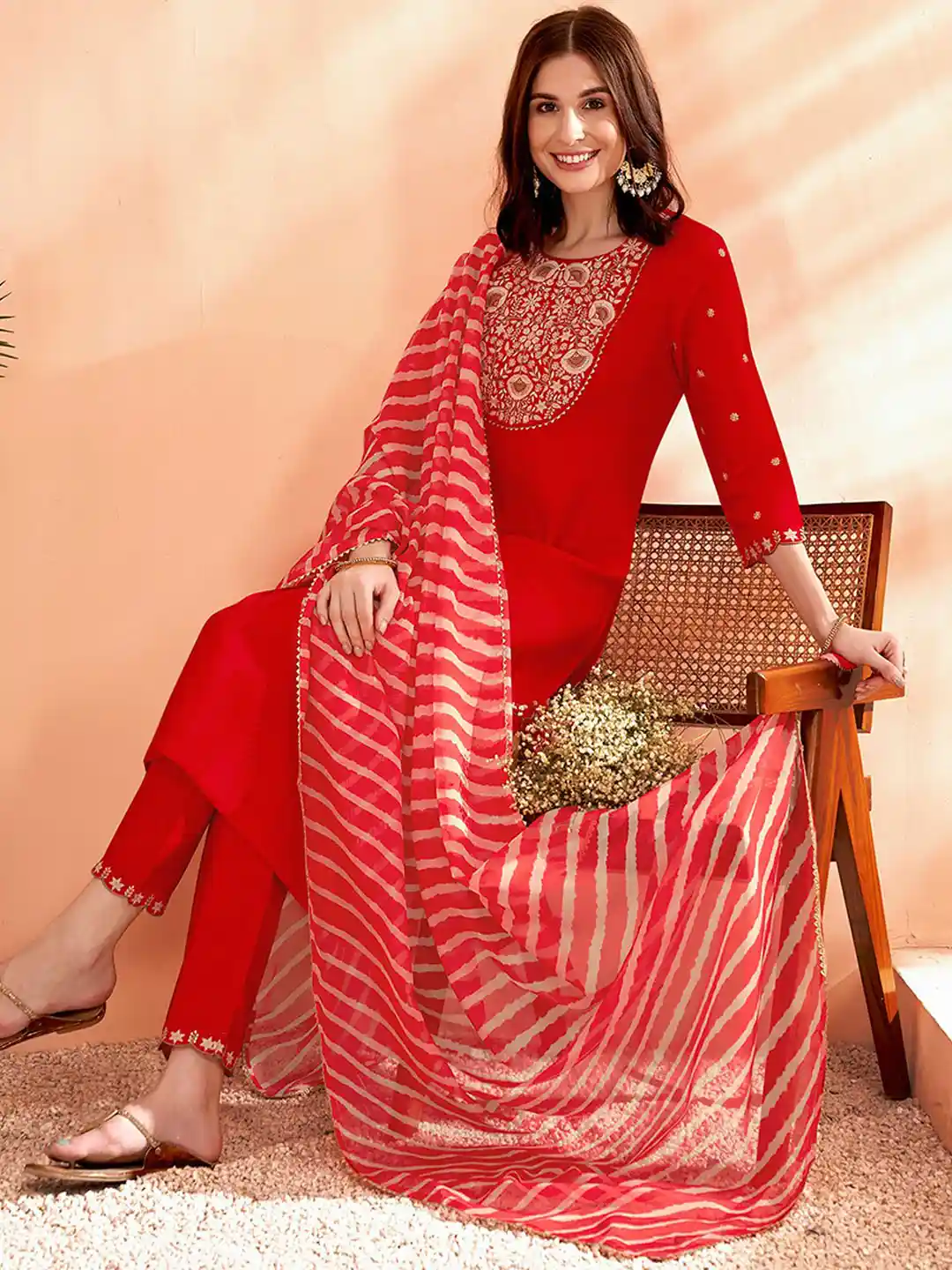 Buy Anouk Red Embroidered Thread Work Chanderi Silk Straight Kurta