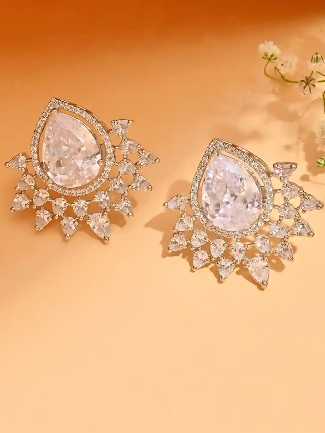 Fida Silver Plated American Diamond Drop Earrings