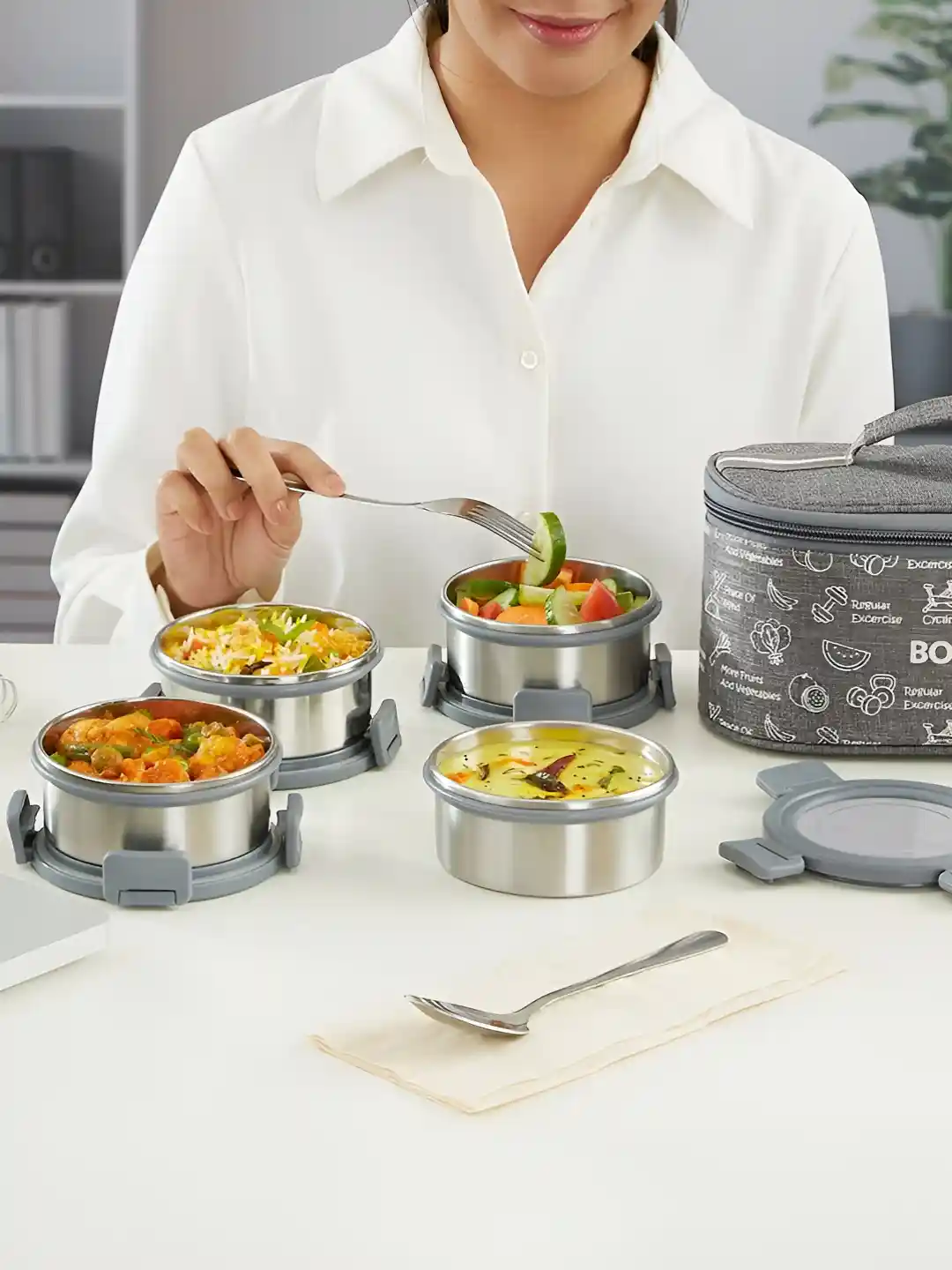 Buy BOROSIL Slate Grey Pieces Printed Stainless Steel Lunch Box