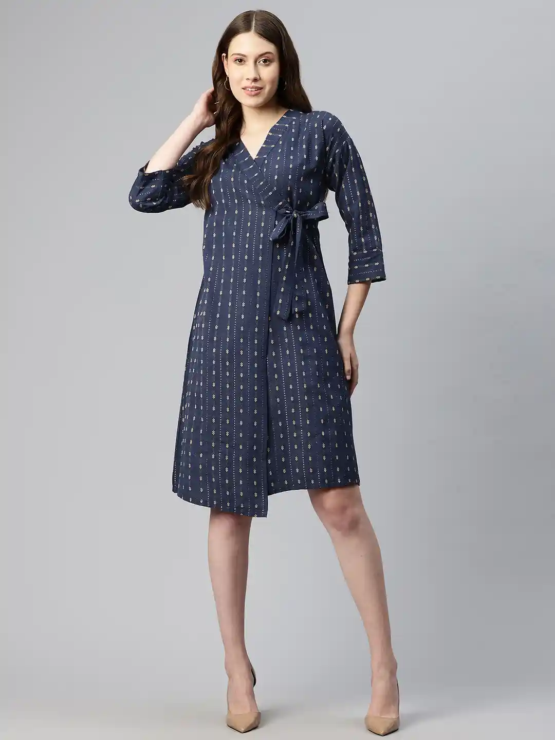 Myntra Casual Cotton Wrap Dress Cottinfab Women Striped Front Open