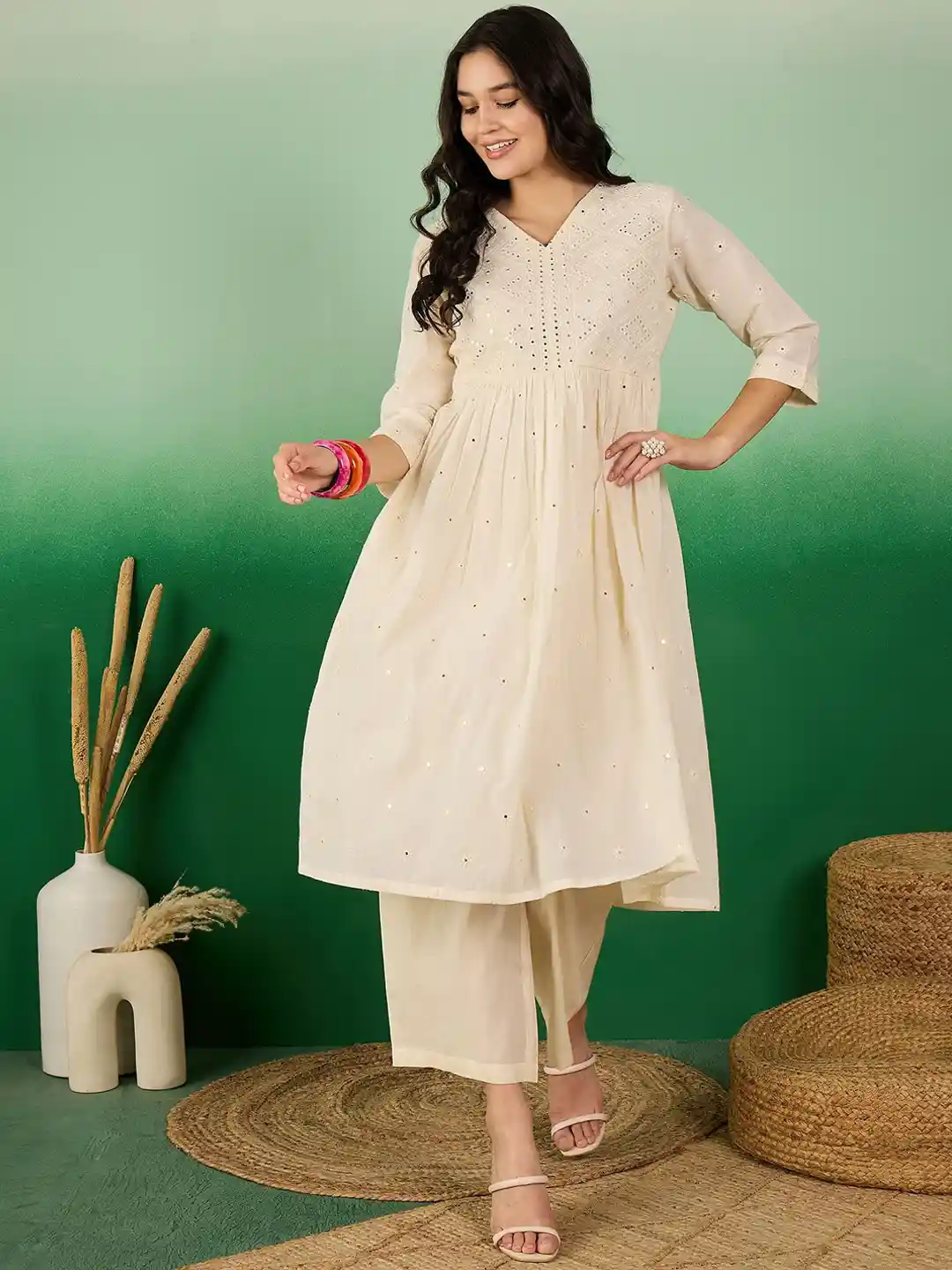 Buy Sangria Off White Floral Embroidered Mirror Work Pure Cotton - Main Image