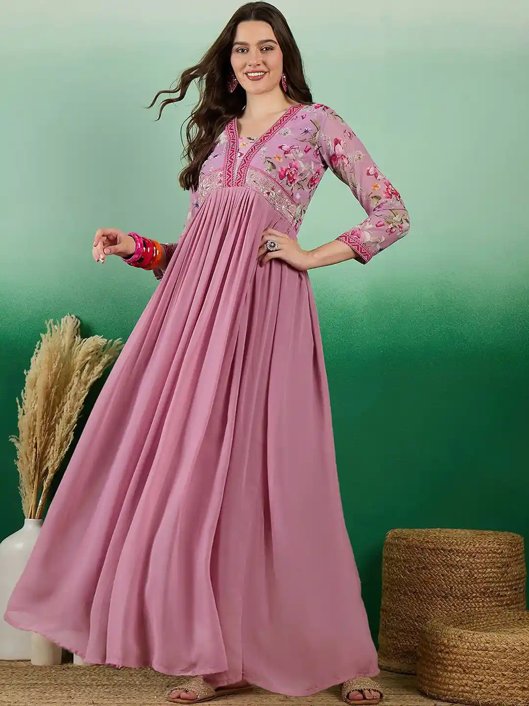 Buy Sangria Peach Embroidered Sequin A-line Maxi Ethnic Dress