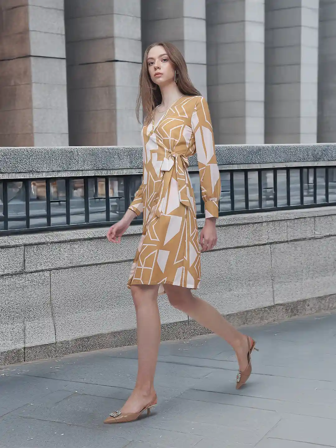 Buy French Connection Geometric Printed Cuffed Sleeves Wrap Dress