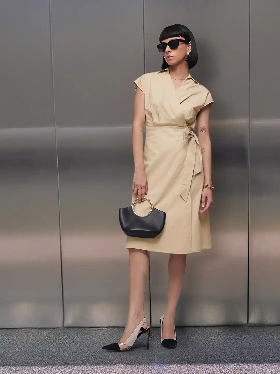 French Connection Pure Cotton Extended Sleeves Wrap Style A-Line Midi Dress