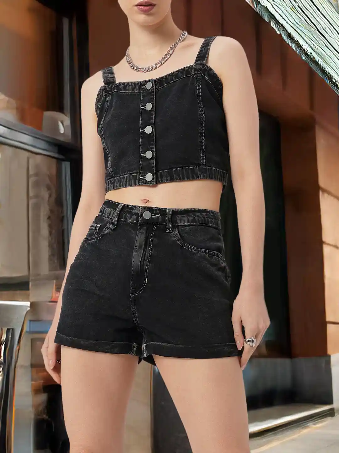 Buy Roadster Life K- Street Style Denim Crop Top Shorts Co