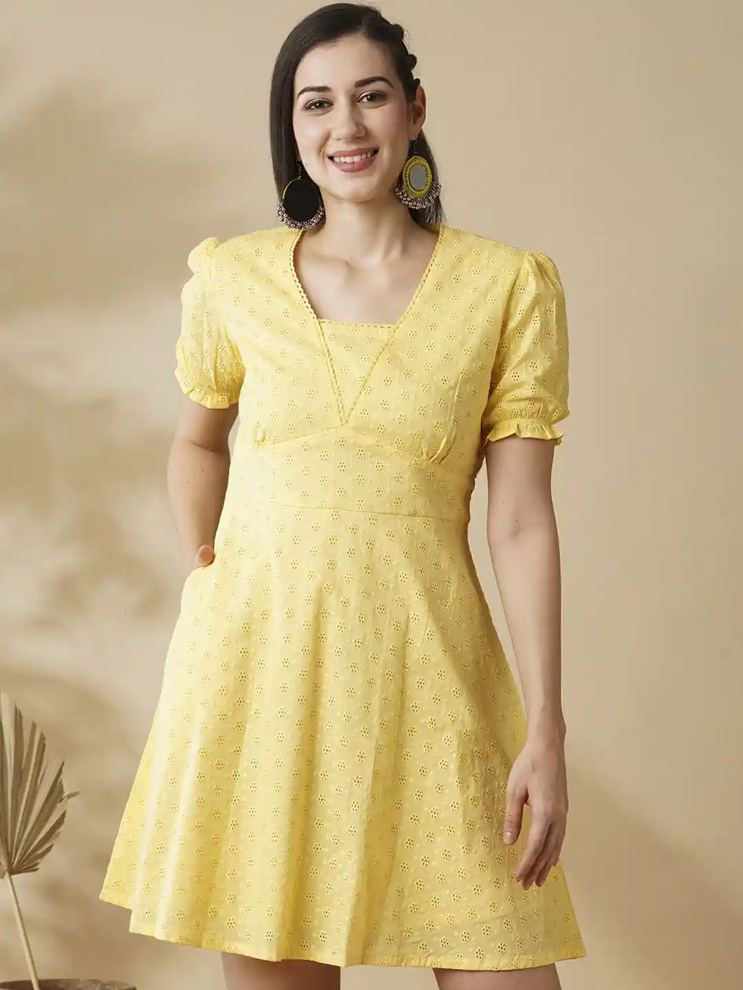 Buy Globus Self-Design V-Neck Puff Sleeves Flared Hem A-Line