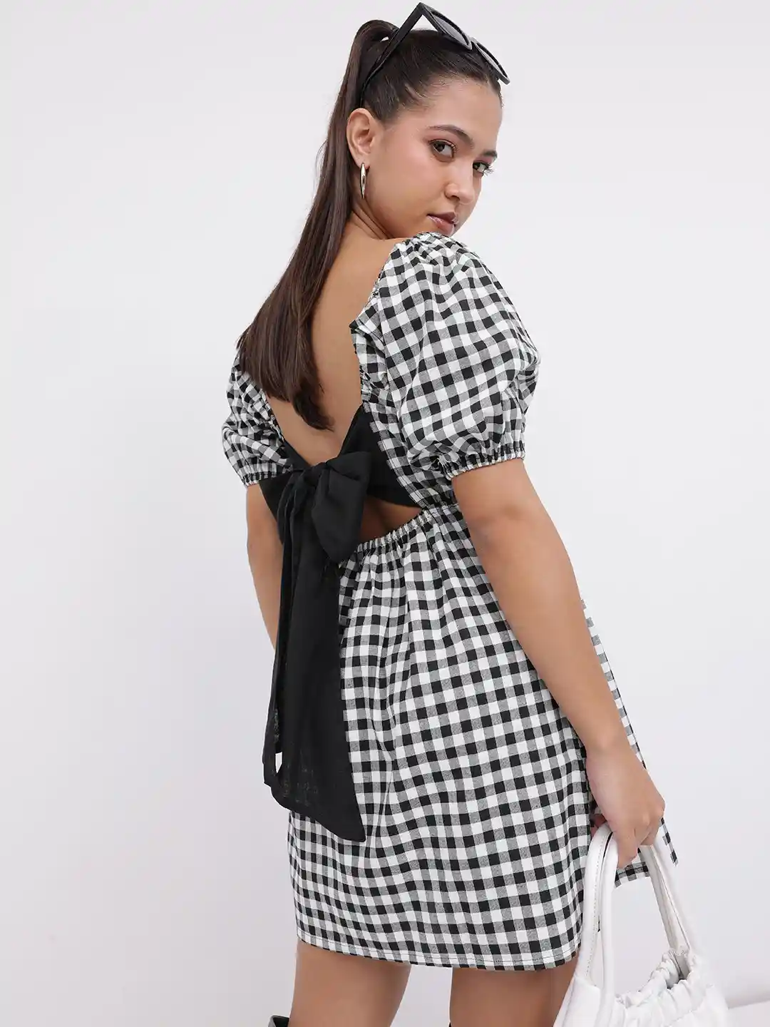 Buy DressBerry Monochrome Checked Gathered A-Line Midi Dress