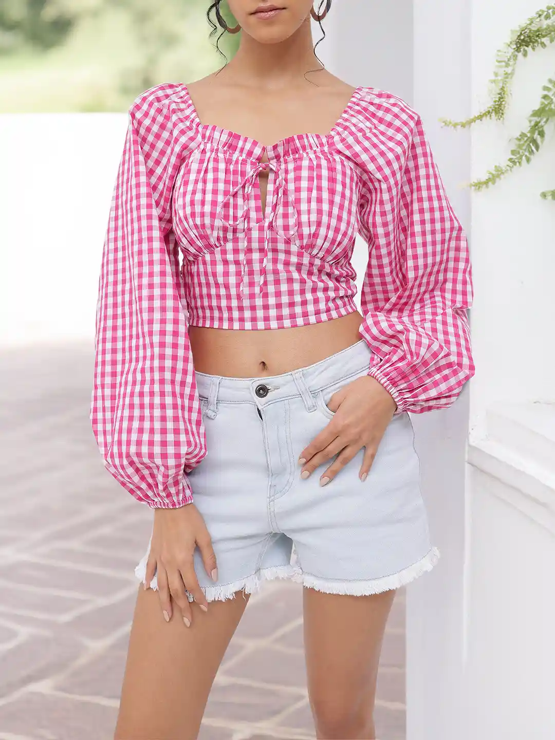 トップス Belvet Cropped checkered shirt pink トップス BELVET Cropped checkered shirt Pink M Belvet