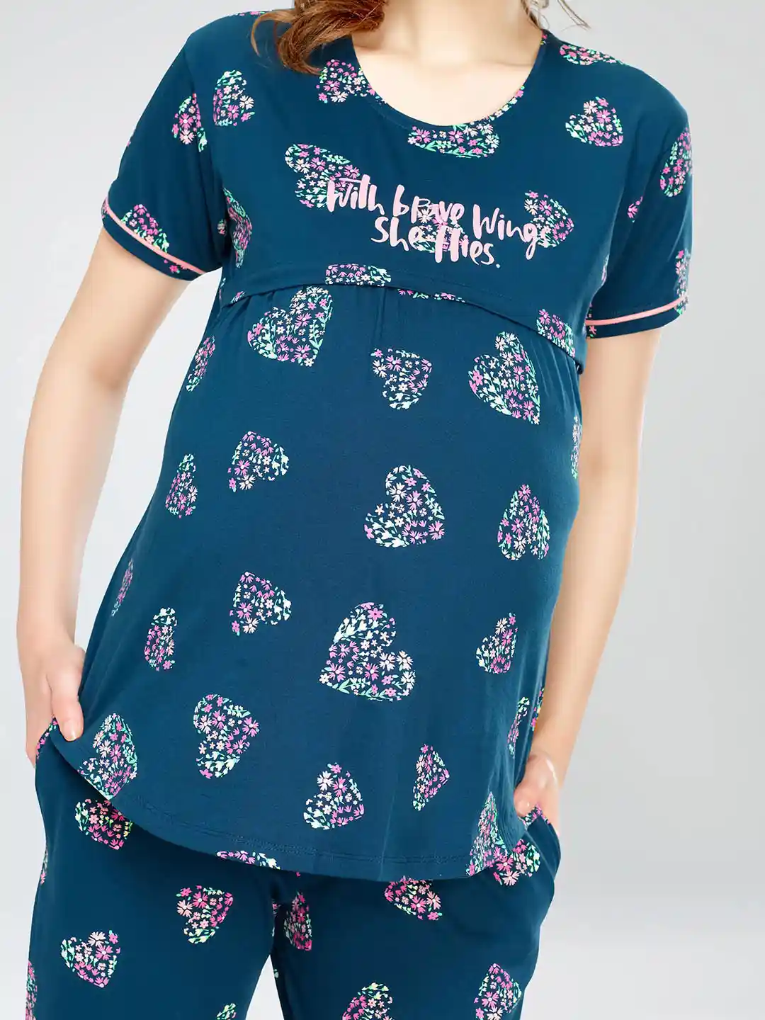 Zeyo Women's Cotton Star Print Feeding Night Suit Set - Nursing Top & Pyjama, Green & Navy Blue, Small - View #4