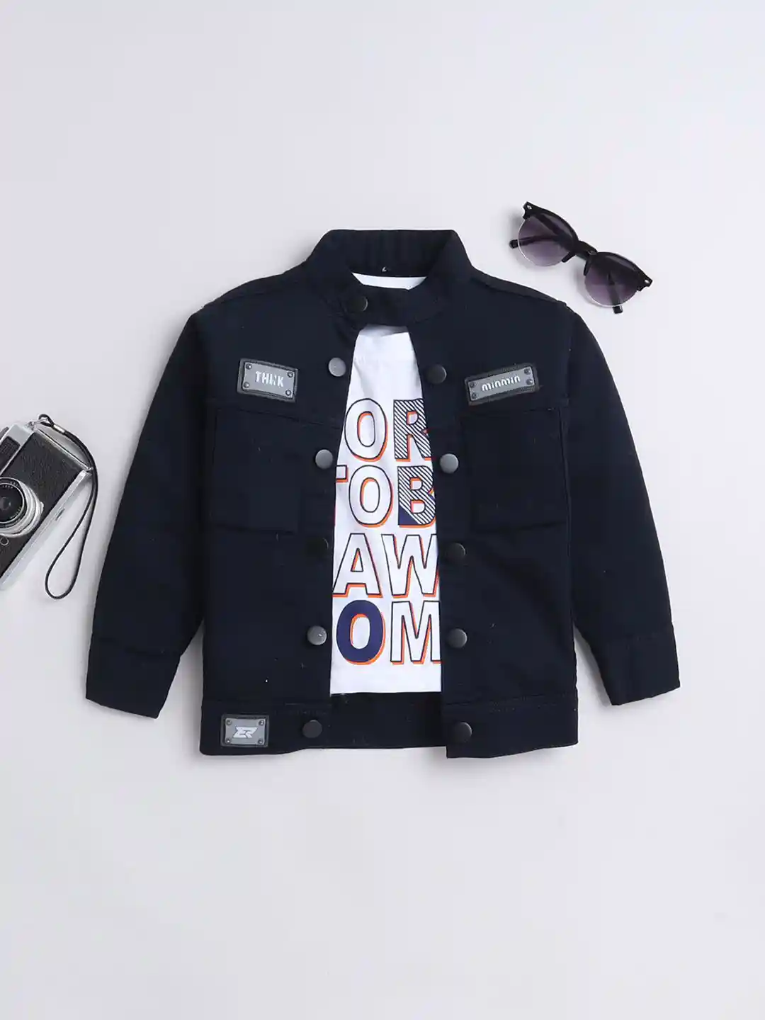 Buy Ministitch Boys Solid Washed Denim Jacket with Patchwork
