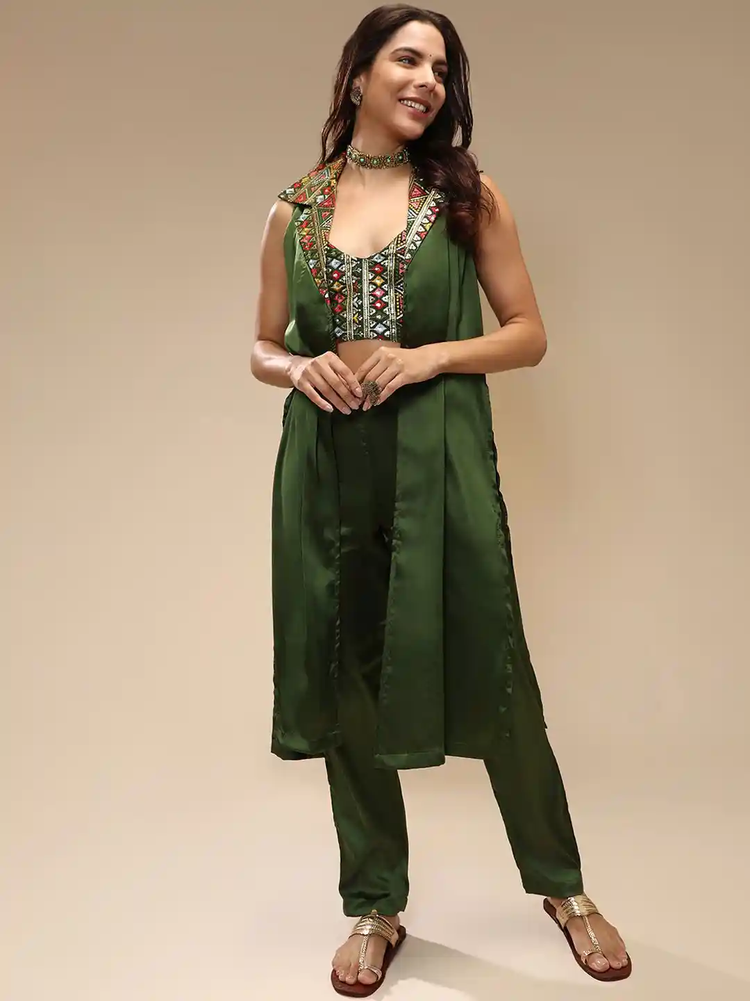 Buy QISSA Embroidered Sleeveless Crop Top With Shrug Trousers