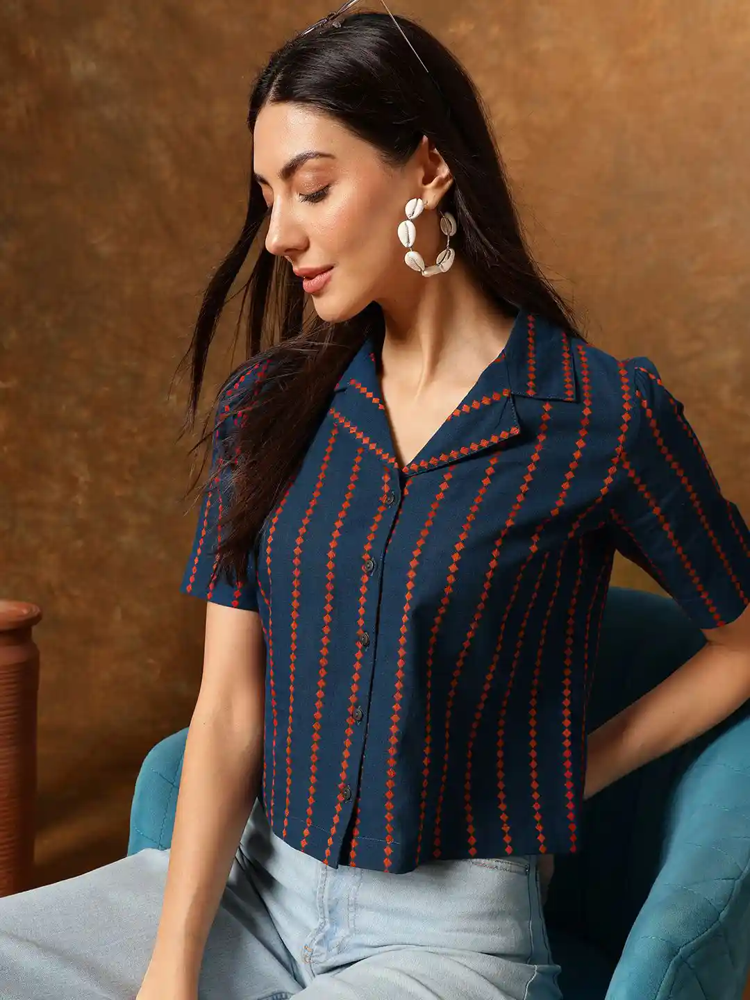 Buy Anouk Blue Vertical Striped Shirt Collar Top Tops for Women